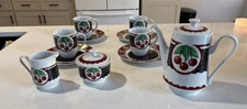 TEA SET MARY ENGELBREIT  “CHERRY” **Teapot Cream Sugar 4 Cups/Saucers PERFECT