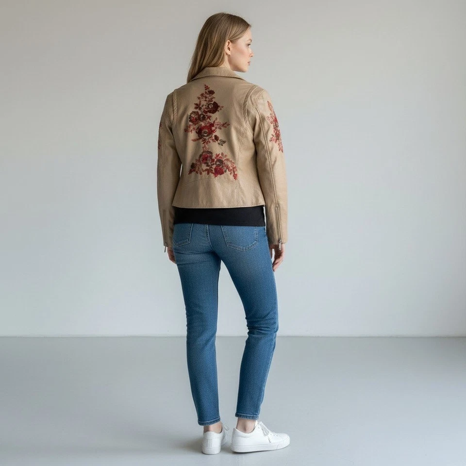BLANK NYC Moto Jacket Faux Leather Floral Embroidered Boho Tan Small NWOT - Image 2 of 4