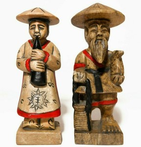 EARLY 20TH C VINT HAND CARVED & PAINTED SOAPSTONE CHINESE FIGURES IN TRAD DRESS