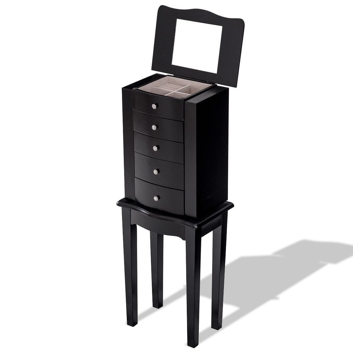 Black Wood 5-Drawer Jewelry Chest with Mirror for Stylish Storage