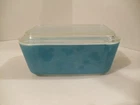 Vintage Pyrex Blue Refrigerator Box 0502, 1-1/2 Pt, Lid 502C Good Condition