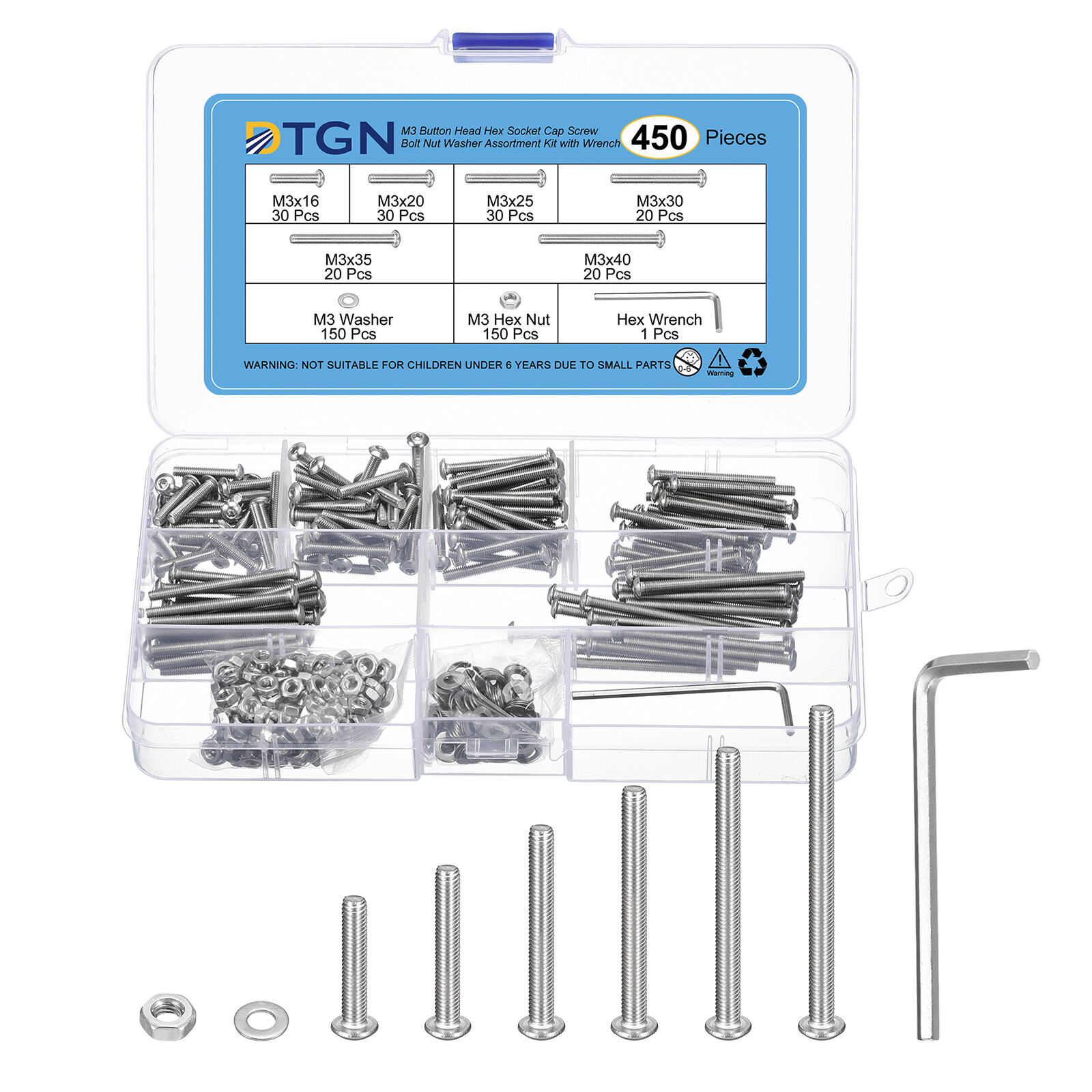 450pcs M3-0.5x16~40mm Steel Button Head Hex Socket Cap Screw Bolt Nut Washer Kit