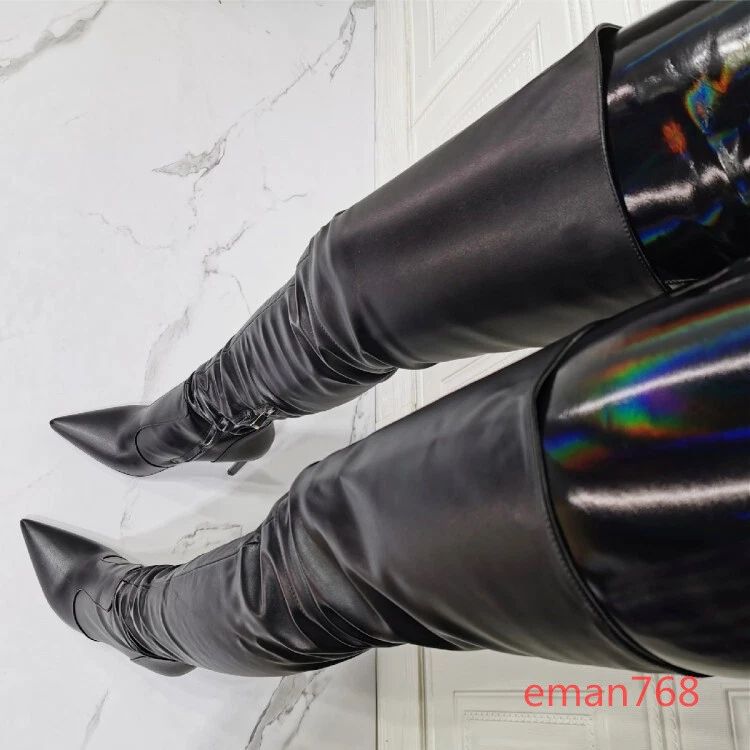 Black Over the Knee Shoes for Women Pointed Toe Heels Thigh High
