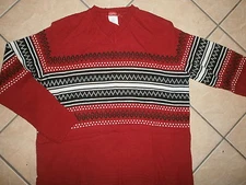 WOMENS ESPRIT SWEATER V-Neck Wool Blend Knit vtg Christmas Fair Isle RED Winter