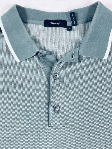 Theory SS Shirt Mens XL Green White Stripe Polo Collar BUtton Up Waffle pattern - Picture 3 of 12