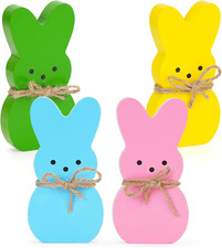 Easter D cor, 4 Pcs Bunny Table Decorations Wooden Spring Signs for Home, Woo...