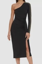 Guess Womens Black One-Should Embellished-Sleeve Midi Dress Size 2