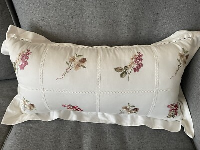RAYMOND WAITES Lumbar Pillow Embroidered Floral Panels On White  HV