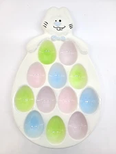 Bunny ceramic deviled egg plate 12 wells 12"x8" Easter Rabbit CUTE!