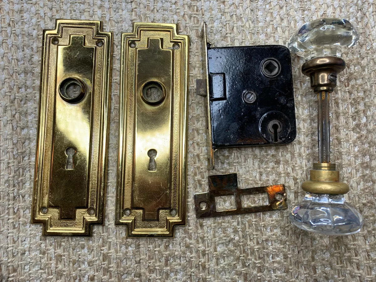 Antique Interior Mortise Lock #14, Glass Door Knobs & Brass Finish Door  Plates