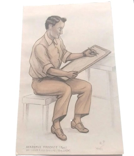 PORTRAIT D'ARTISTE Grand dessin Original ART DÉCO PARIS 1943 29x47cm - Picture 2 of 6