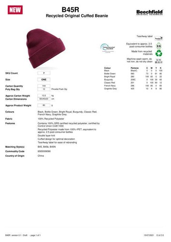 Beechfield Gorro Original Reciclado con Puños B45R - Unisex Cálido Invierno Tejido Sombrero - Imagen 2 de 15