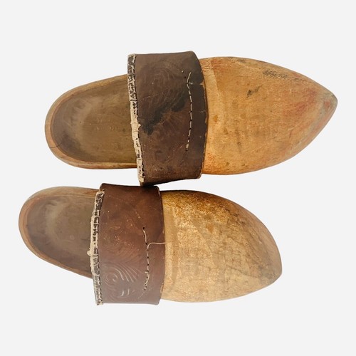 Antique Dutch Hand Carved Wooden Clogs Leather - Picture 2 of 22