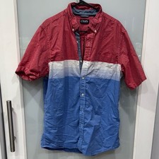 Chaps Men’s Blue Red White Polo Dress Shirt Short Sleeve Button Down Shirt Sz XL
