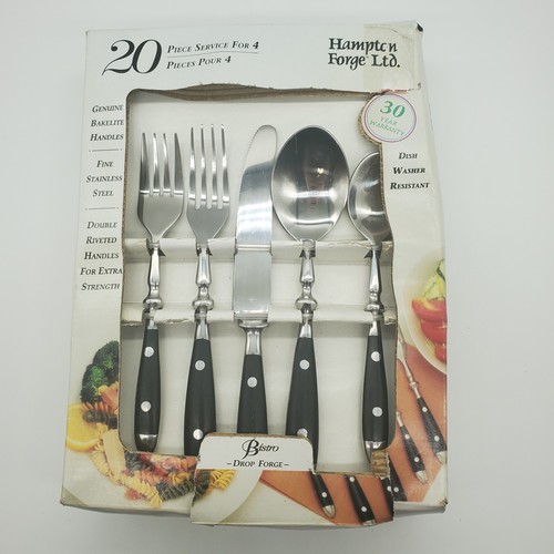 Hampton Forge BISTRO 20-Piece Flatware Set Black Bakelite Handles 2 Rivets READ - Picture 2 of 14
