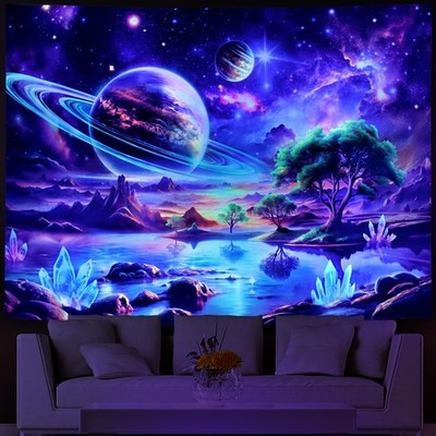 Blacklight Galaxy Space Tapestry UV 59.1''L x 78.7''W, Green Tree Planet 