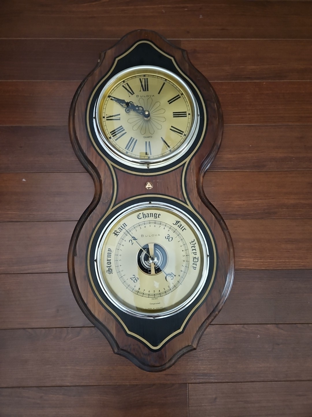 Vintage Bulova Wall Clock Barometer Weather Station Wooden Frame England Runs