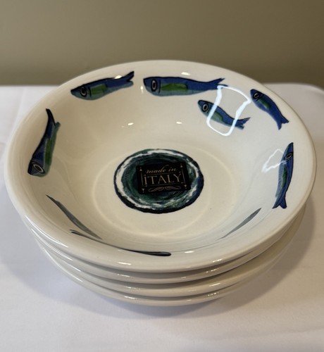 Set of 4 Ceramiche Italia 6.5” Fruit Dessert Bowls with Blue Green Fish Sardines
