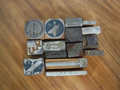 vintage lot of wood and metal Printing Blocks/Cuts advertisements/symbles