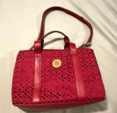 Tommy Hilfiger Red Monogram Satchel Zip Handbag Gold Hardware Shoulder Strap