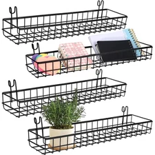 4 Pcs 15.75 x 3.94 x 1.97 Inch Metal Grid Wall Baskets with Hooks Grid Wall S...