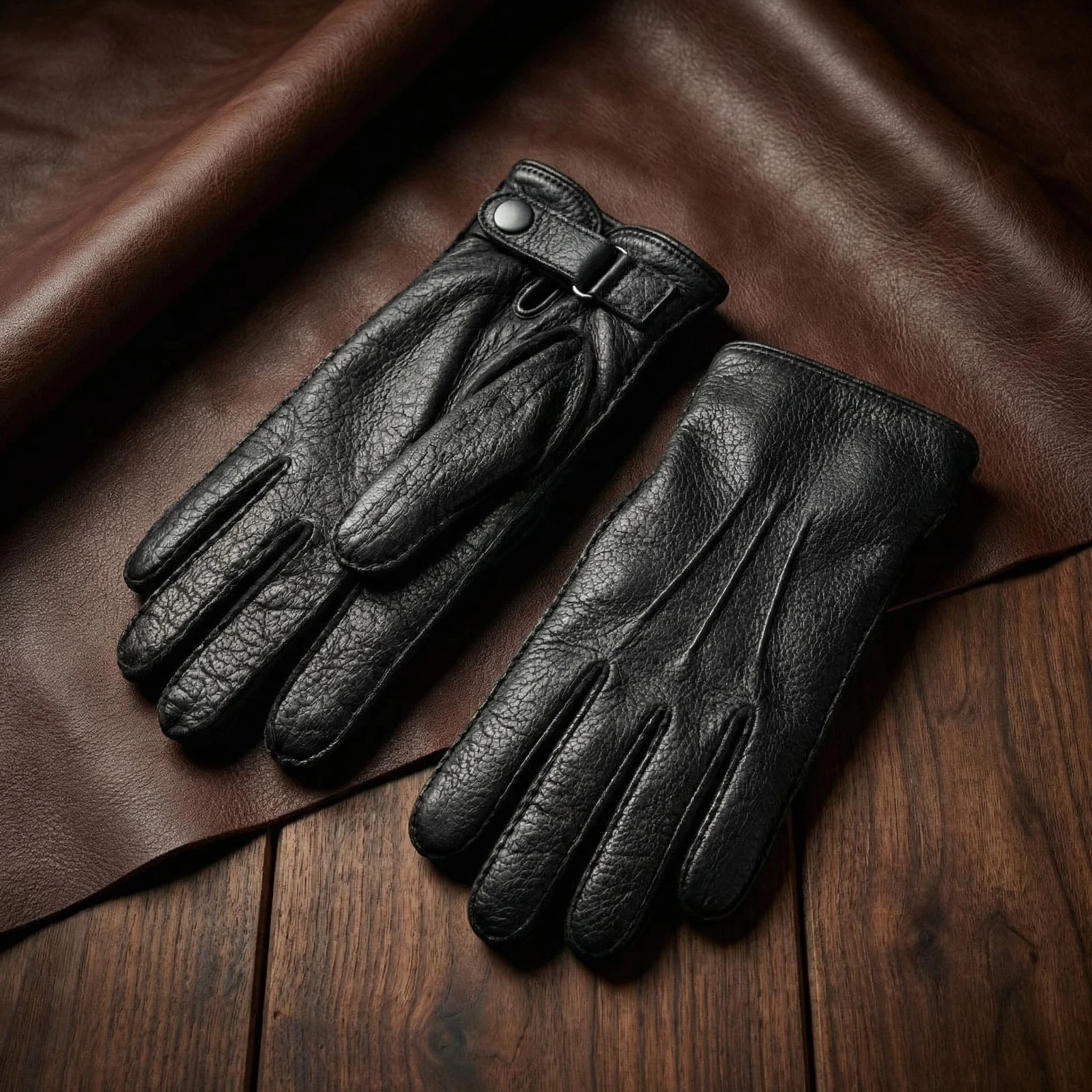 Men’s Black Peccary Winter Gloves with Strap Closure and Cashmere Lining – Hand