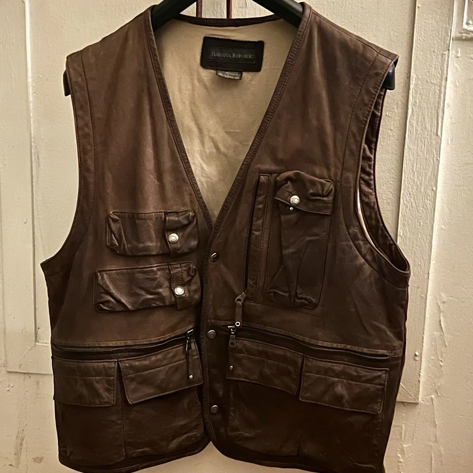 Chaleco Safari Banana Republic Cuero Años 90 De Colección. Fotografía Caza Deporte Hombre L Foto 3 de 4