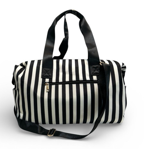 Alice + Olivia Duffel Bag Positano Stripe Travel Weekender Black White LARGE EUC