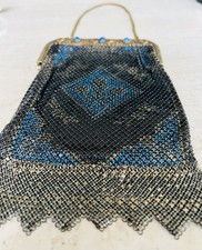 Antique Art Deco Gold Jeweled Filigree Frame Enamel Chain Mail Mesh Purse