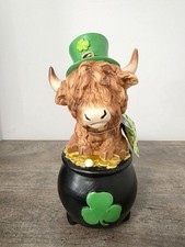 St Patricks day Highland Cow Sitting on Pot of Gold Decor