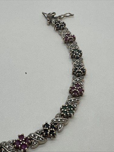Pulsera Ross Simons Plata de Ley 925 Tono Oro Rubí, Zafiros, Esmeralda - Imagen 2 de 7