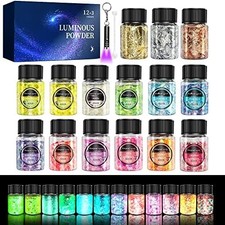 "Glow in The Dark Glitter 15 Jar - 12 Colors Glow Glitter and 3 Colors Gold Fo..