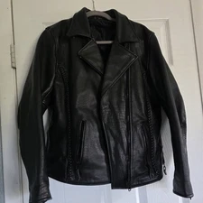 Black Leather Peplum Motorcycle Bomber Jacket Womens Size M Braid Detail