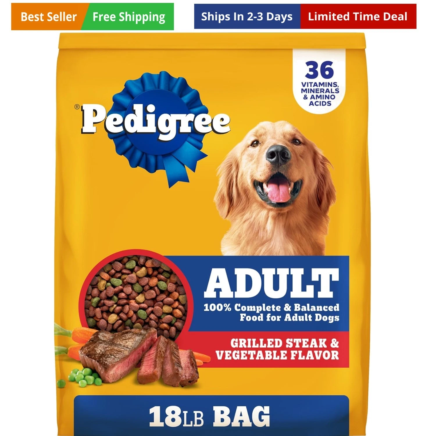 Adult Dry Dog Food, Complete Nutrition, Grilled Steak & Vegetable Flavor, 18 ...