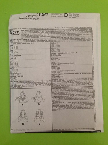 McCalls Sewing Pattern 5719 Hobo Bags Four Styles Handbag Uncut Fashion Craft - Picture 3 of 3
