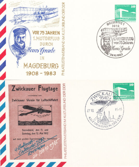 DDR 1983+1985 2 Privatganzsachen PP 18 Hans Grade Motorflug + Zwickauer Flugtage DDR 1983+1985 2 Privatganzsachen PP 18 Hans Grade Motorflug + Zwickauer Flugtage