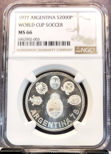 1977 ARGENTINA SILVER 2000 PESOS S2000P WORLD CUP SOCCER NGC MS 66 GREAT COIN