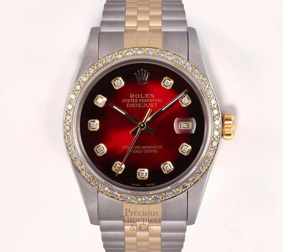 Rolex Datejust Two Tone 36mm Watch 18k Diamond Bezel Red Vignette Diamond Dial
