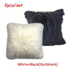 2x Real Mongolian Tibetan Fur Cushion Cover Seat Pillowcase White Black 16x16in