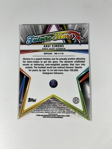 2020-21 Topps Chrome Sapphire UEFA Xavi Simons Future Stars PSG FS-7 - Picture 6 of 6