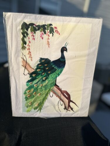 Asian Hand cut 2 Painted Wheat Stalk Peacock Original Floral Wall Art 9X11 Silk - Picture 2 of 2