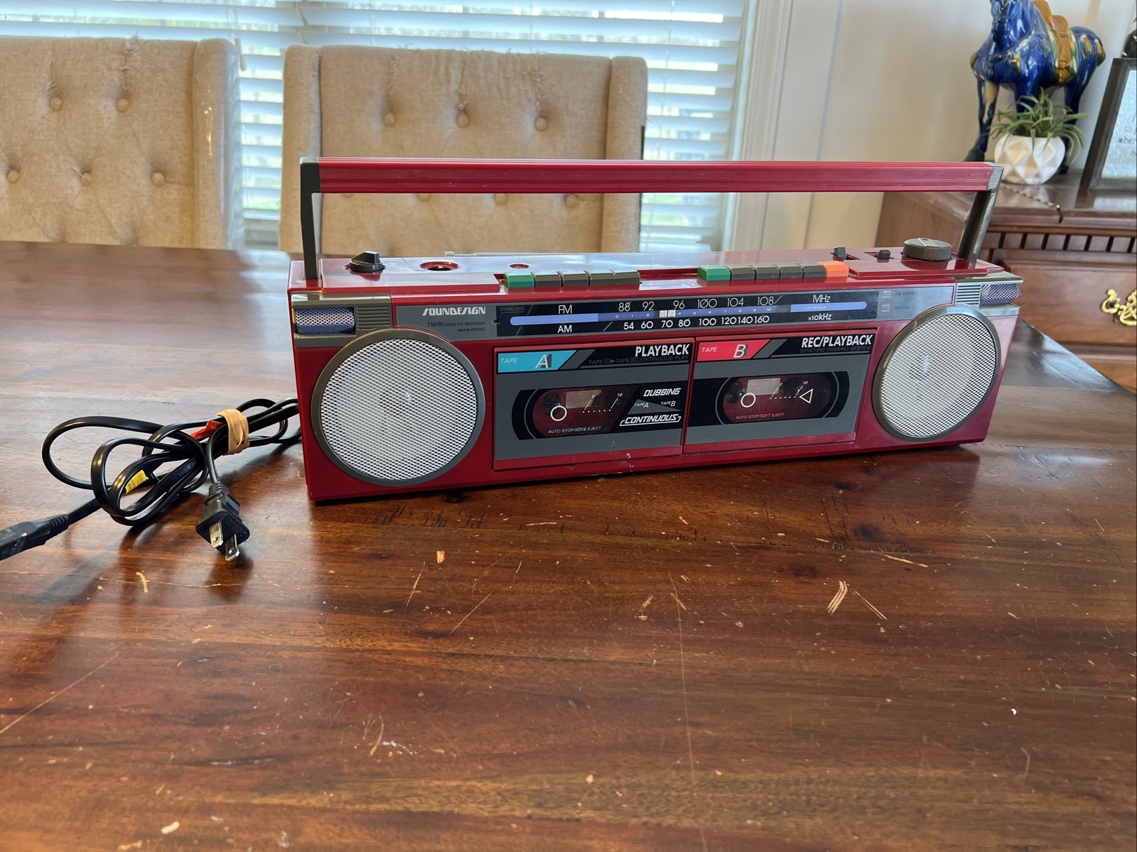 Vintage 1986 Soundesign RED Twin Cassette Deck AM FM Boom Box 4742 WORKS! RARE!
