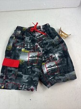 Boys Swim Trunks Size Small 8 . Gray  Red Beach Scenes. Elastic Waistband. NWT