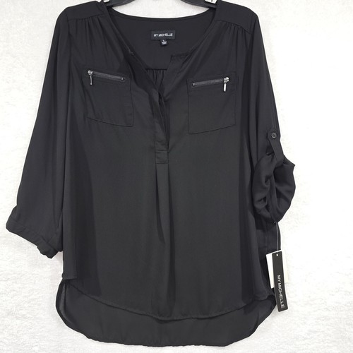 My Michelle Womens Long Sleeve High Low Front Pockets Black Blouse Size Large