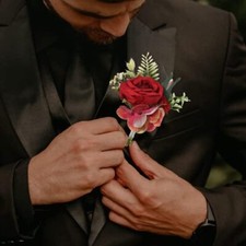 Wedding Flower Boutonniere Red Groom Rose Buttonholes Men's Boutineer Party S...