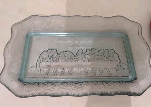 Vintage Blue Tiara Indiana Glass Bread Plate Tray The Last Supper