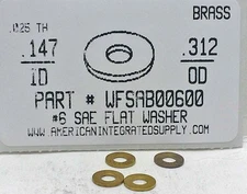 #6S Flat Washers Solid Brass .147"IDx.312"OD (100)