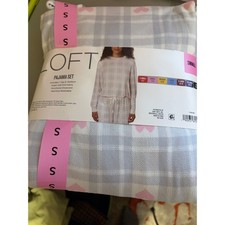 NWT LOFT Pajama Set Gray Plaid Pink Hearts Loungewear Top Bottoms S