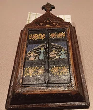 Antique Persian Qajar Era Hand Painted Hanging Double-Door Mirror Cabinet 19"