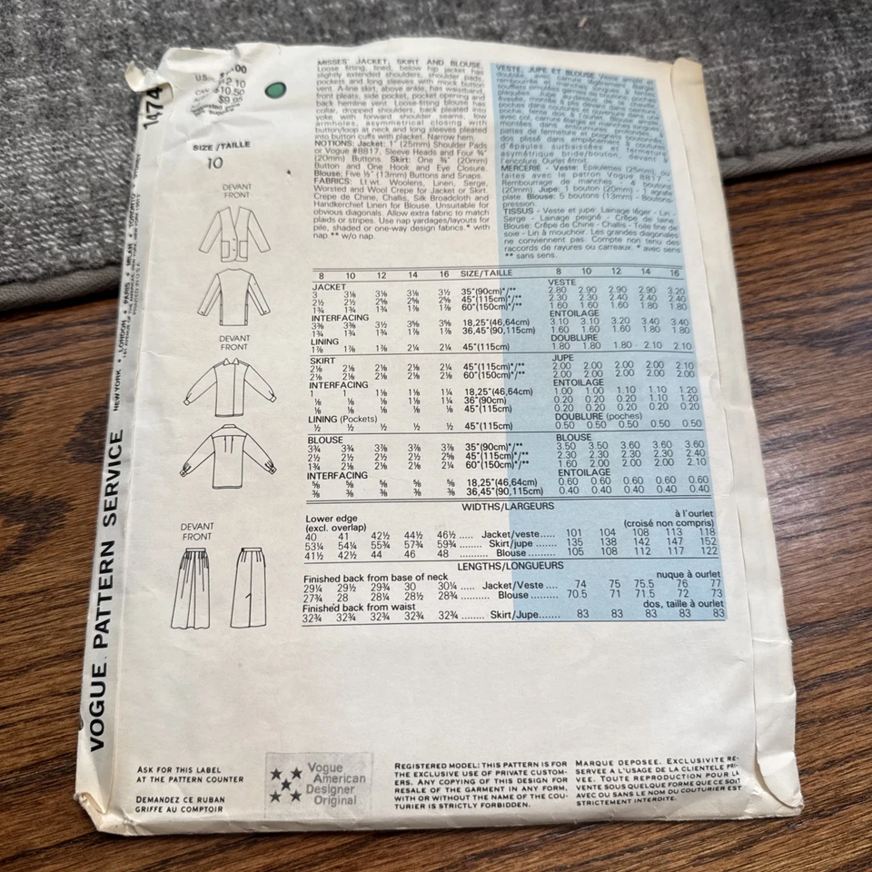 FREE SHIP! 1474 Vogue Patterns Perry Ellis Size 10 Sewing Pattern Misses - Image 2 of 2